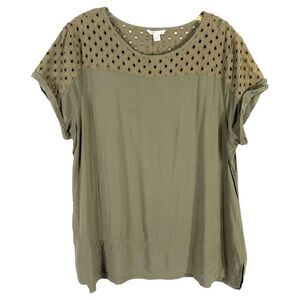 Cato Plus Size 18 20 Top Olive Green Short Cap Sleeve Eyelet Crew‎ Neck 1657